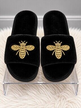 Black Plush Indoor /Outdoor Slippers with Embroidered Gold Bee